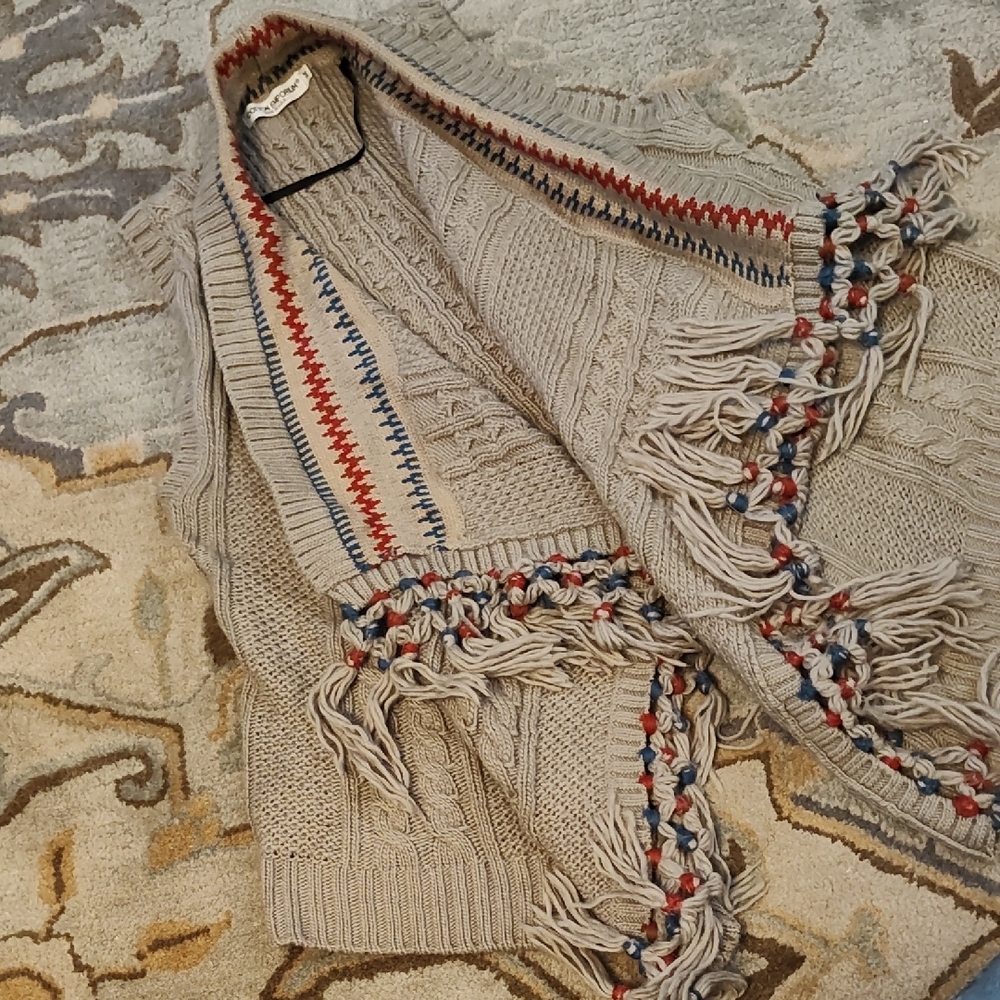 Cotton Emporium Beige Knit Sweater with Red and Blue Accents